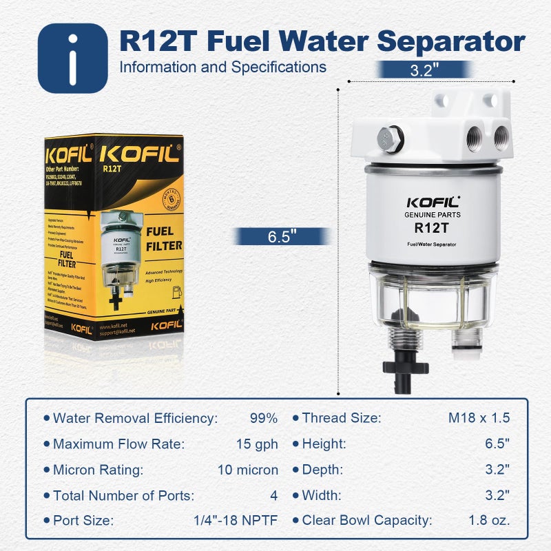 Kofil R12T Fuel Water Separator Marine Fuel Filter/Water Separator Assembly, for Outboard Motor Marine Engine, Replaces# S3240 120AT with 2 3/8" Barb Ã— 1/4" NPT Male Fittings 2 Plugs,10 Micron - Image 4